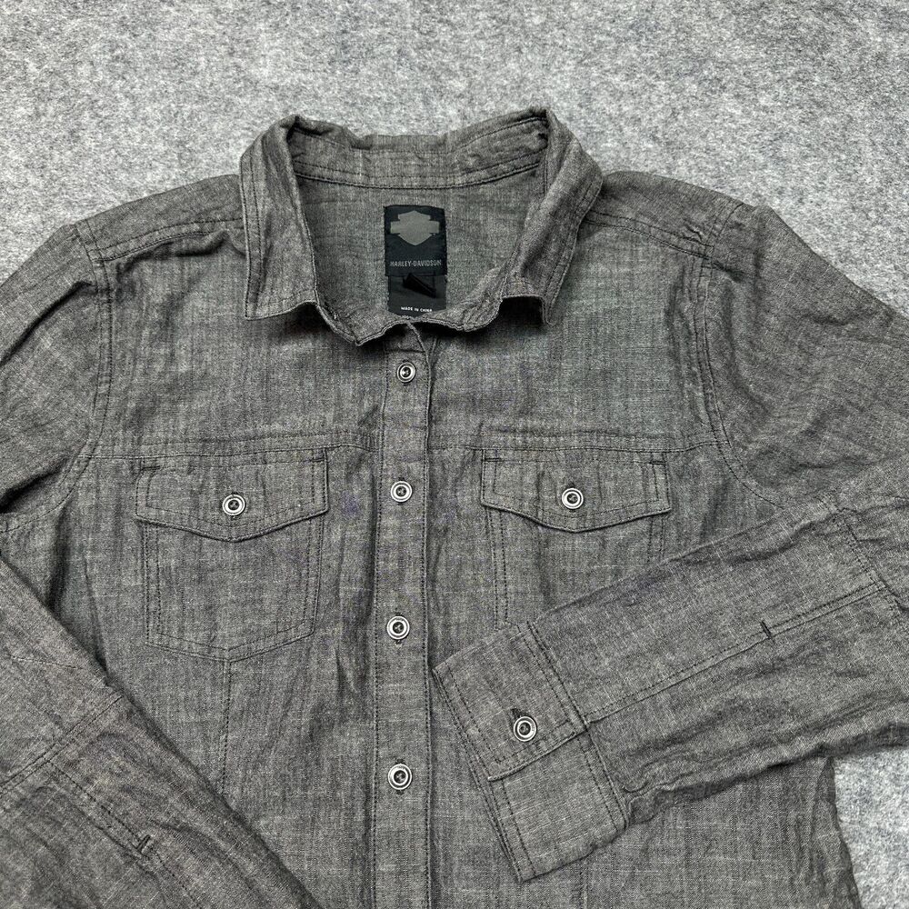 Harley‎ Davidsons Shirt Womens Large Grey Woven Long Sleeve Casual Button Up